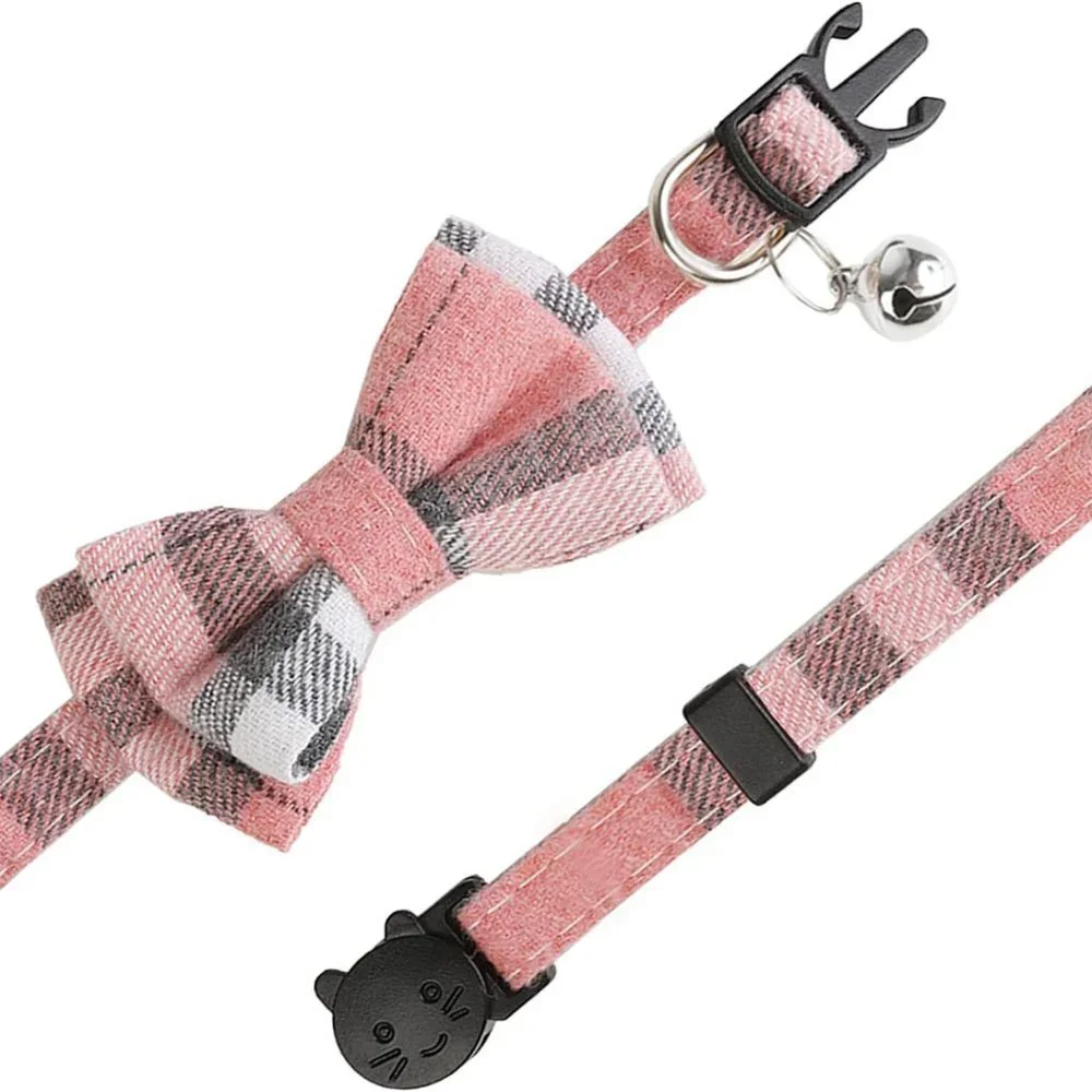 Pink and Grey Plaid Cat Break Away Collar With Bell And Detachable Bow